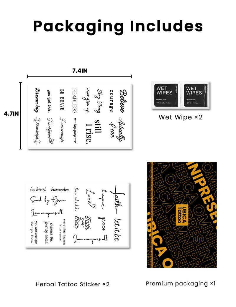 UBICA Semi Permanent Tattoo, 2 Sheets Inspirational and Motivational Words Temporary Tattoo, Realistic Small Fake Tattoo Stickers for Women Men, Lasts 7-15 Days for Hand, Waterproof & Non-Reflective