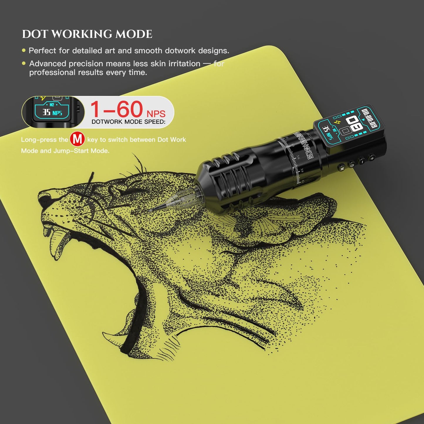 Wormhole 2300mAh Battery and 7 Adjustable Stroke Tattoo Gun for Artists, Aluminum Alloy Wireless Tattoo Machine, Lightweight Compact Rotary Tattoo Pen Powerful Motor Precision Professional - Black