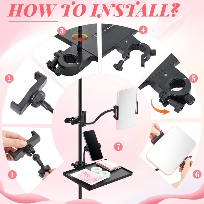 Adjustable Lash Tray Holder for Ring Light - 10.6" x 8" Organizer with Phone Holder & Makeup Mirror | Eyelash Extensions Supplies