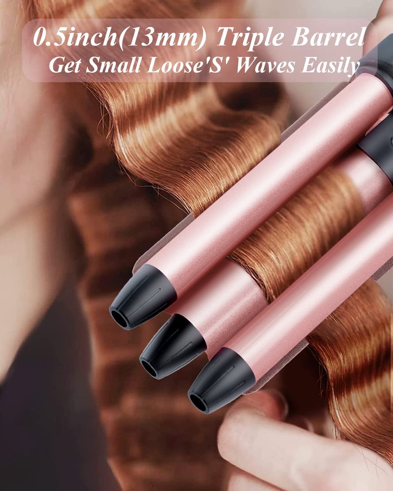 Mini Hair Crimper 4 Temperature Adjustable, 1/2 Inch Small 3 Barrel Curling Iron Hair Waver Dual Voltage Travel Size, Tiny Crimper Hair Tool Create Natural Tight Beachy Waves (Rose Pink)