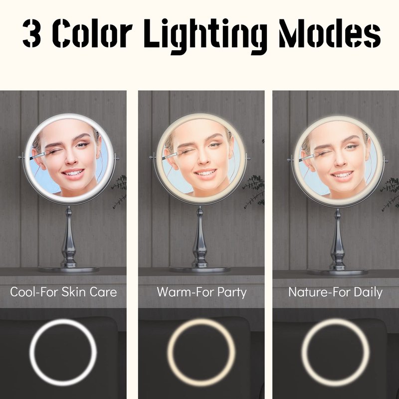 WIZCHARK 9" Large Lighted Makeup Mirror, 1X/10X Magnifying Vanity Mirror with 3 Colors Dimmable Lightning, 80 LED Lights, 360°Rotation Double Sided Standing Desk Mirror