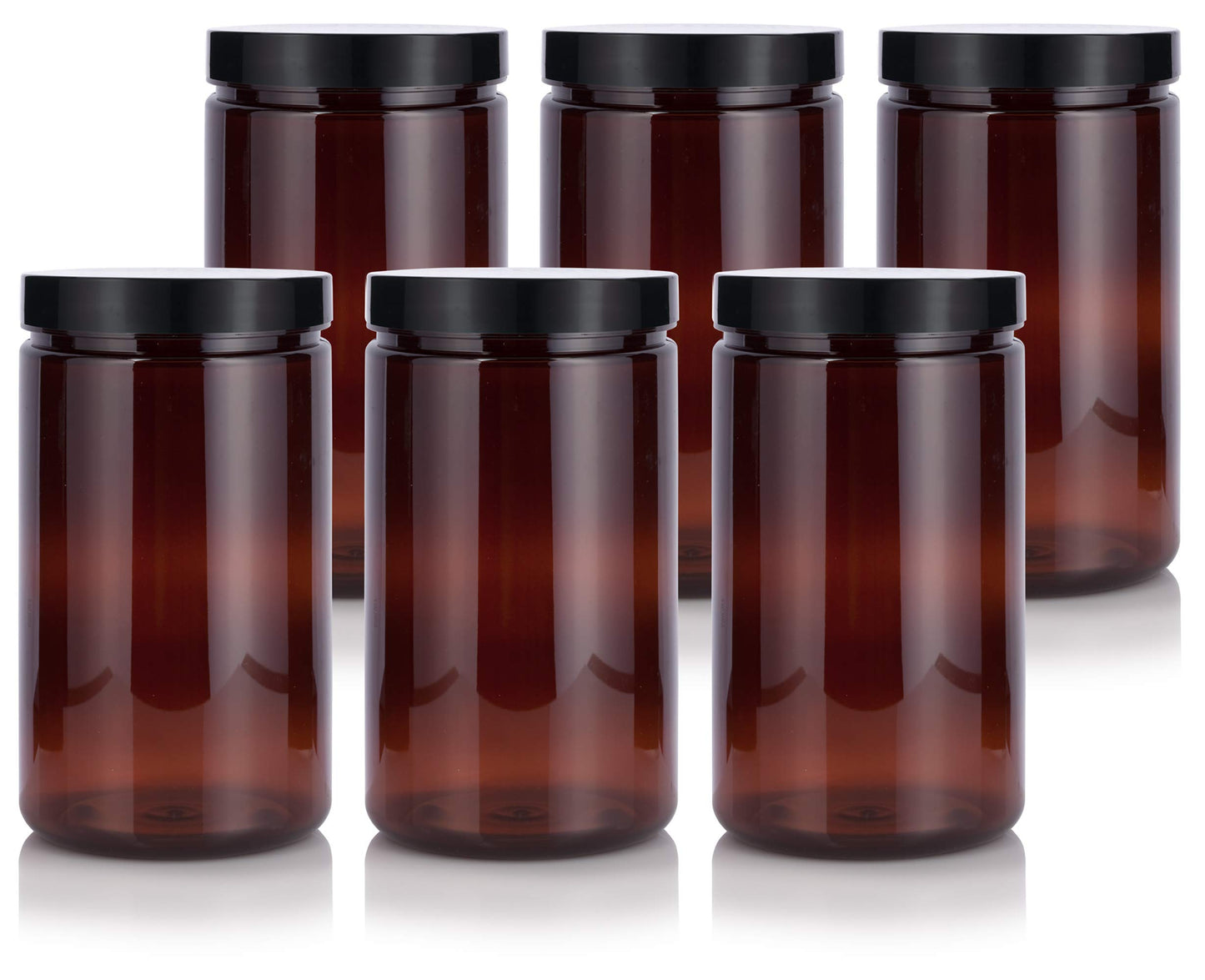 JUVITUS 32 oz Large Amber PET Plastic (BPA Free) Refillable Empty Jar with Black Smooth Foam Lined Lid (6 pack)