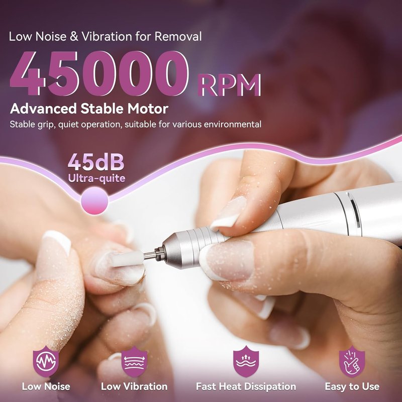 Electric Nail Drill Kit - Professional 45000RPM Rechargeable Nail File with Complete Bits for Acrylic & Gel Polishing | Portable 2000mAh Machine
