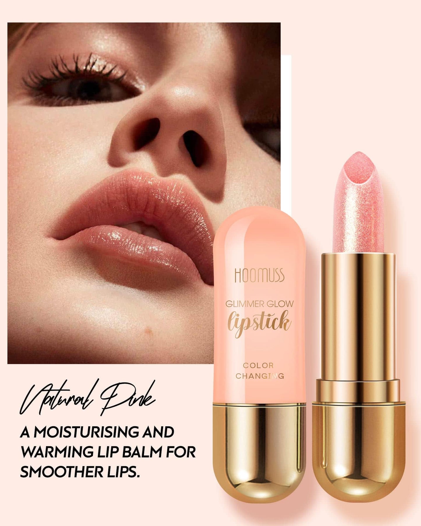 HOOMUSS Glimmer Balm Tinted Lip Balm Moisture Hydrate lipsticks PH Lipstick, Color Changing Lipstick Natural Chapstick Glitter Pink Lip Gloss, 3pack