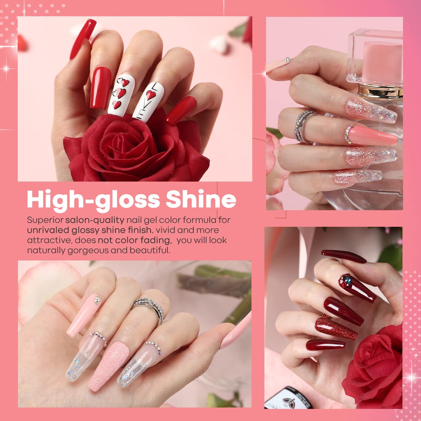 Modelones Gel Nail Polish Kit - 24 Pcs Hot Pink & Red Glitter | Soak Off Gel, Glossy & Matte Top Coat, Nail Art Gifts