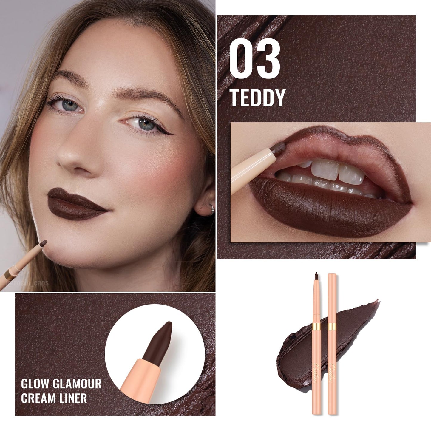 Oulac Brown Lip Liner Pencil, 2in1 Retractable Makup Crayon for Lipliner and Eyeliner, Highly Pigmented, Smooth, Long Lasting and Waterproof Formula, Vegan Beauty, 03 Teddy