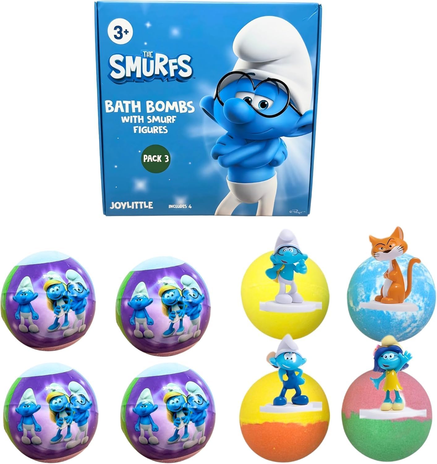 Smurfs Bath Bombs with Action Figures - Brainy, Handy, Blossom & Azrael | Fun Gift Set (Pack of 3)
