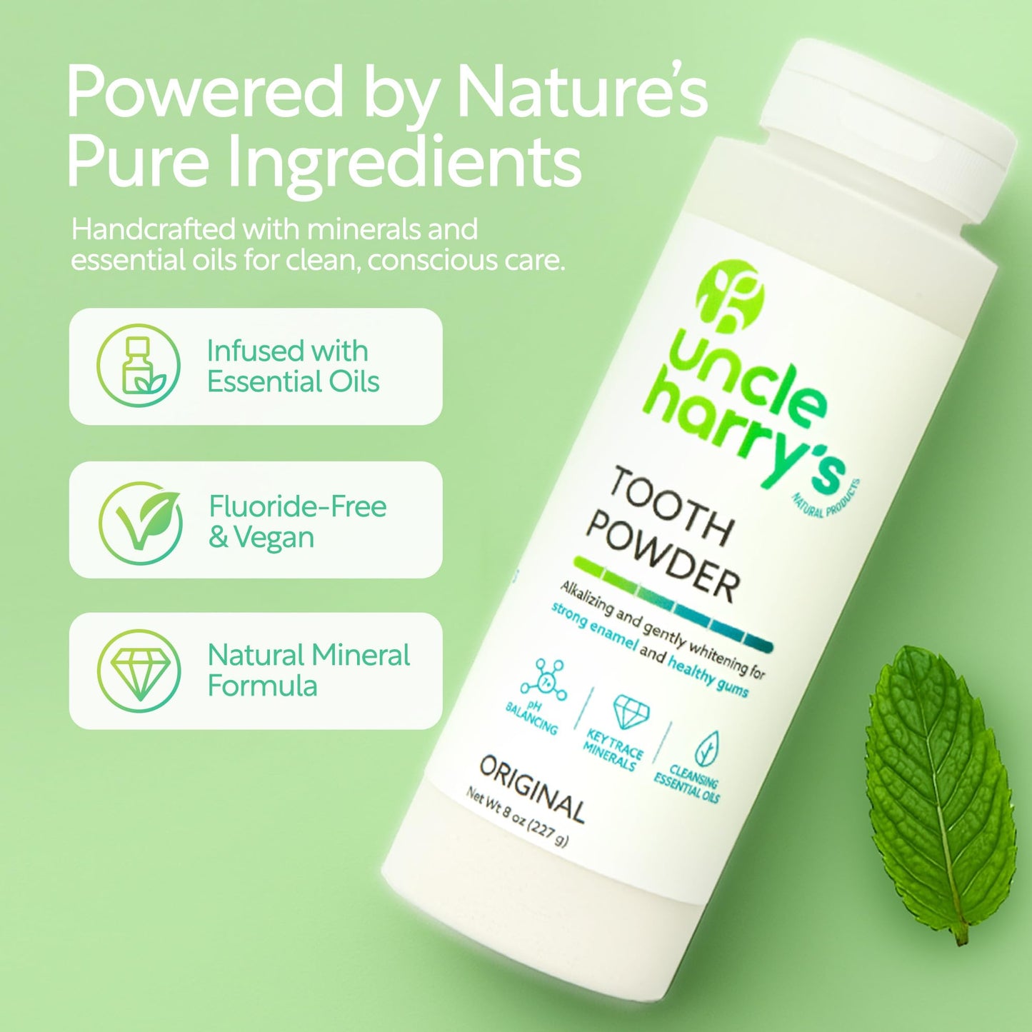 Uncle Harry's All Natural Tooth Powder | Alkalizing Remineralizing Enamel Support & Whitening Toothpaste for Sensitive Teeth | Powder Toothpaste for Gum Health & Fresh Breath (8 oz)