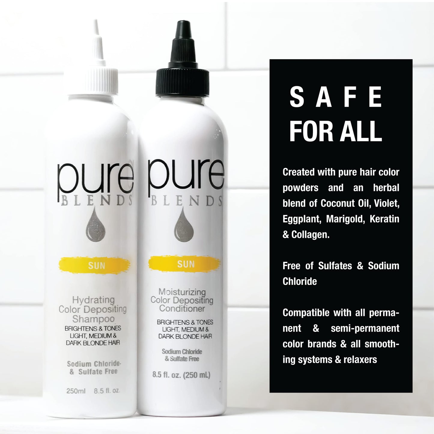 Pure Blends Sun Hydrating Color Depositing Shampoo - Brighten & Tone Faded Hair with Semi-Permanent Dye, Prevents Fade & Extends Color Service for Treated Hair 8.5 Oz.