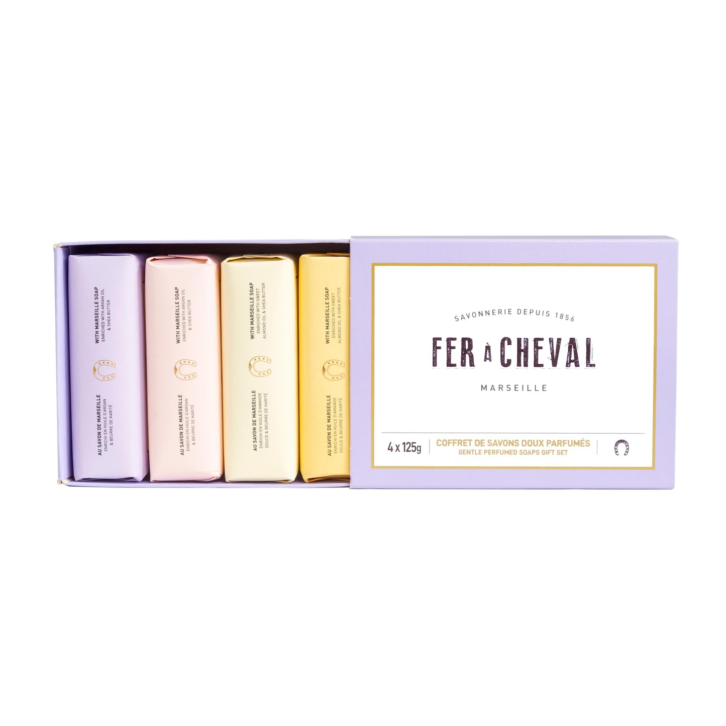 Fer à Cheval Gentle Perfumed Soaps Gift Set, 4x125g/4.41oz - Marseille Vegetable Soap with Shea Butter and Softening Oils