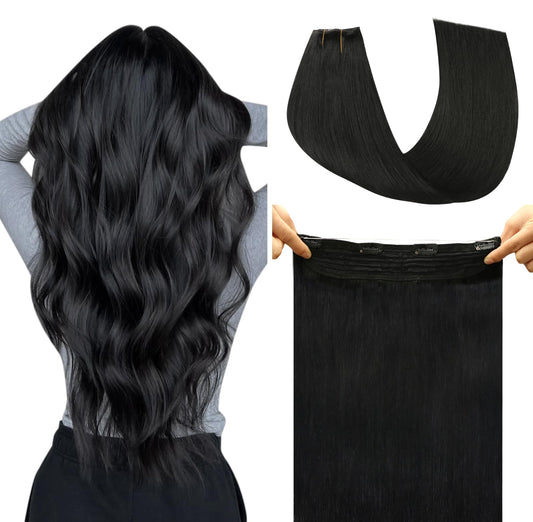 SAFIRENY Wire Hair Extensions Fish Line Hair Extensions Jet Black Extensions, Invisible Wire Hair Extensions Real Human Hair Straight 14inch 70g Adjustable Size Hair Extensions(#1-14inch)