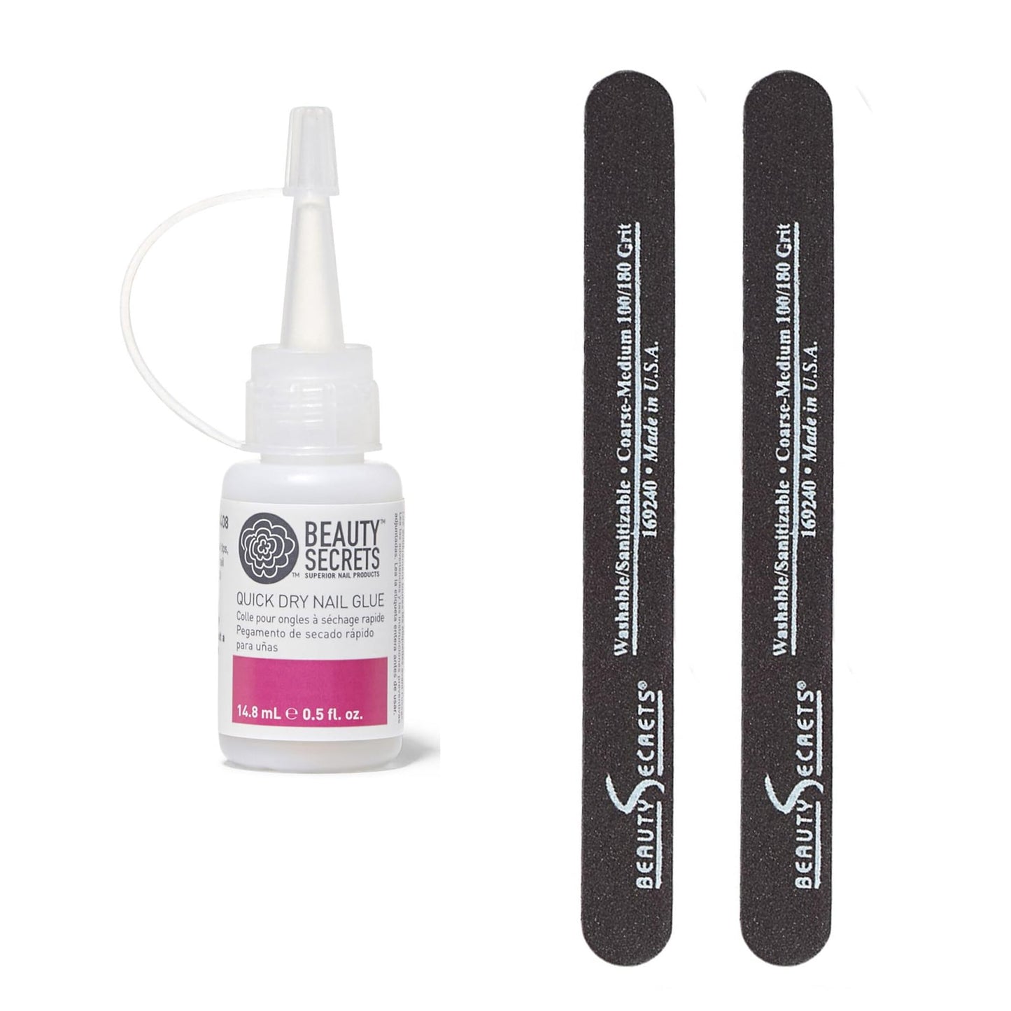 Beauty Secrets Quick Dry Nail Glue .5 Fl Oz Bundled with Nail File Black Cushion Medium Coarse 180/100 Grit (2 Pack) by Beauty Secrets