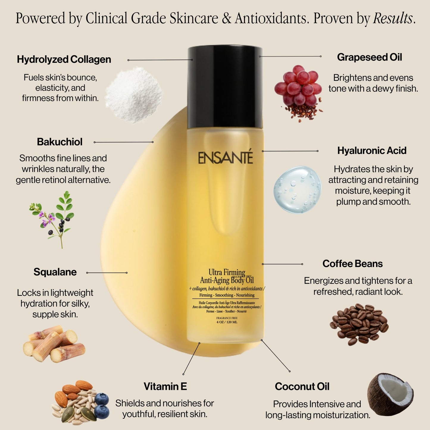 ENSANTÉ Body Firming Oil with Collagen Peptides, Cellulite Massage Oil, Body Glow Oil, Firming Body Oil for Women, Unscented Body Oil for Skin Tightening & Smoothing, Fast Absorbing, Non Greasy