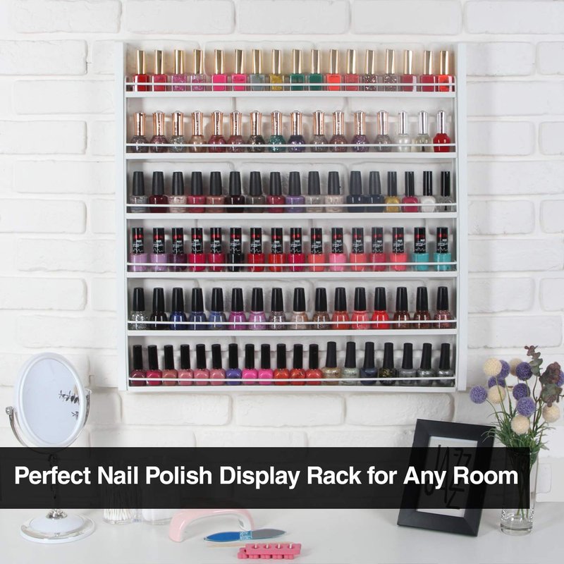 White Wood Nail Polish Organizer - 6-Tier Wall Mount Display Rack for 100 Bottles | Makeup & Essential Oil Storage