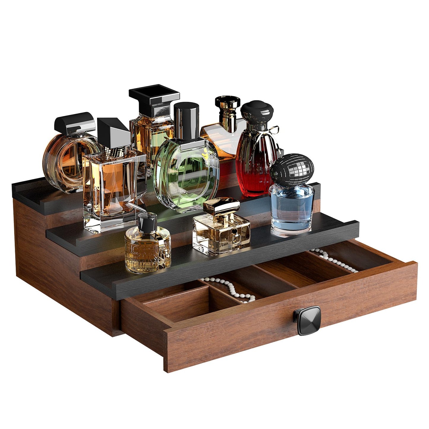 TIRYIUOU Cologne Organizer for Men: with Hidden Vault & Drawer, 3 Tier Wooden Cologne Stand Desktop Perfume Display Shelf, Bedroom Dresser Makeup Lotion Jewelry Storage Organizer ﻿