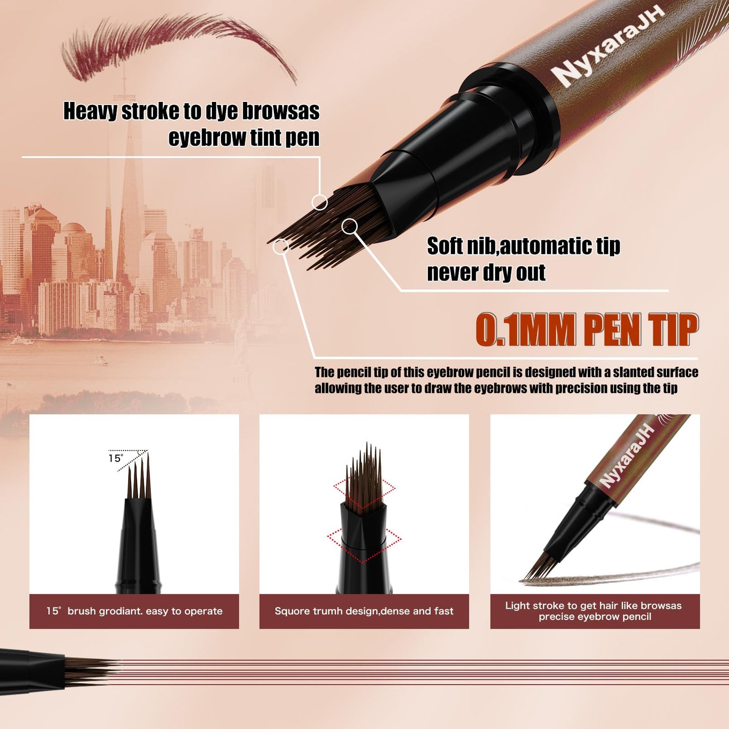 NyxaraJH 4D Double-Ended Eyebrow Pen, Hair-Like Brush Tip, 5 Color Options, 0.1mm Precision Tip, Waterproof Brow Makeup (3# Dark Brown)