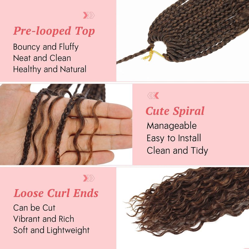 Eeanno Goddess Box Braids Crochet Hair Boho Hair for Women Pre Looped Crochet Box Braids with Curly Ends, 24 Inch, Chocolate Brown