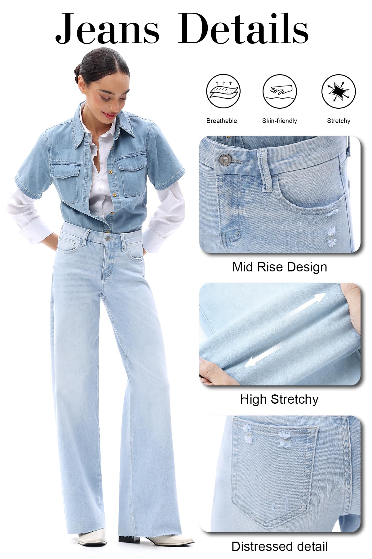 ONESO Mid Waisted High Stretchy BBL Wide Leg Baggy Jeans Tummy Control Holiday Party Distressed Denim Pants Light Blue