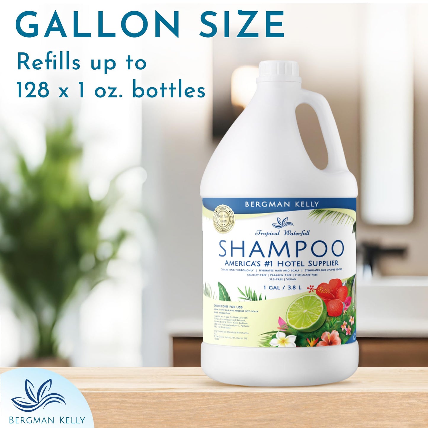 Bergman Kelly Refill Gallon Size Shampoo (128 fl oz, Tropical Waterfall Scent), Delight Your Guests with an Invigorating and Refreshing Shampoo, Quality Guest Hotel Toiletries in Bulk