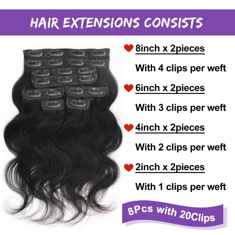 Body Wave Clip in Hair Extensions Real Human Hair 8Pcs 110g/3.9oz 14 Inch Body Wave Clip ins Brazilian Remy Human Hair Extensions for Women Per Set with 20 Clips Double Weft Natural Black