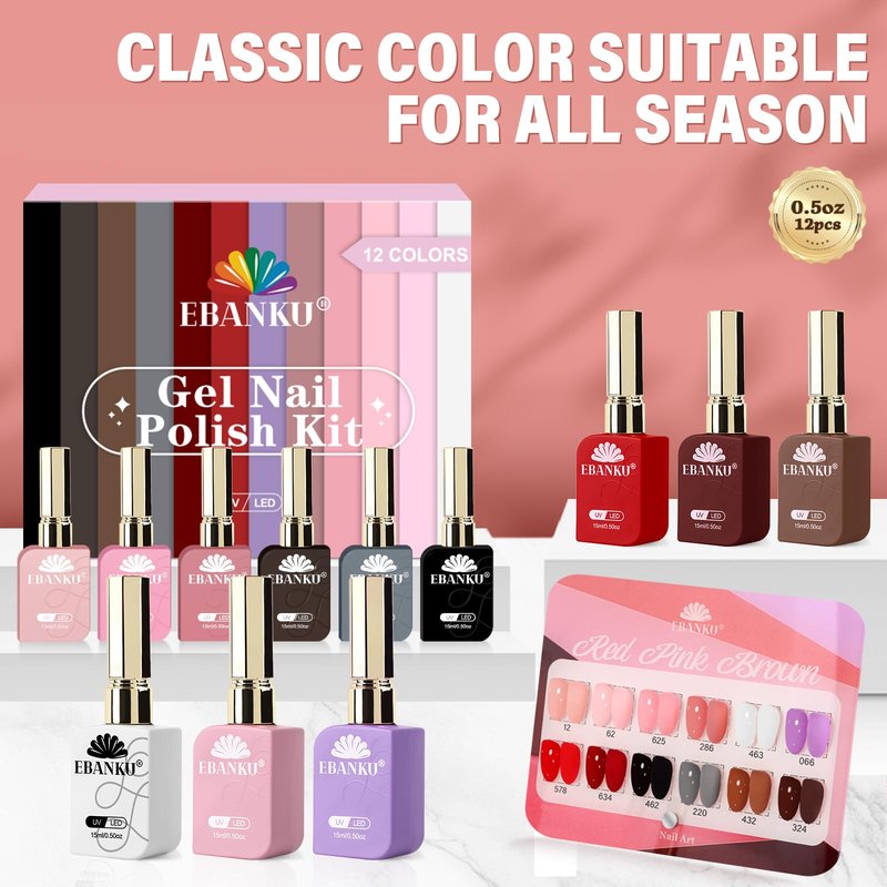 EBANKU 12 Pcs Gel Nail Polish Set, 15ML Same Color Same Bottle Red Pink Nude Brown Fall Soak Off Gel Nail Polish Kit Nail Art Manicure Gifts for Women