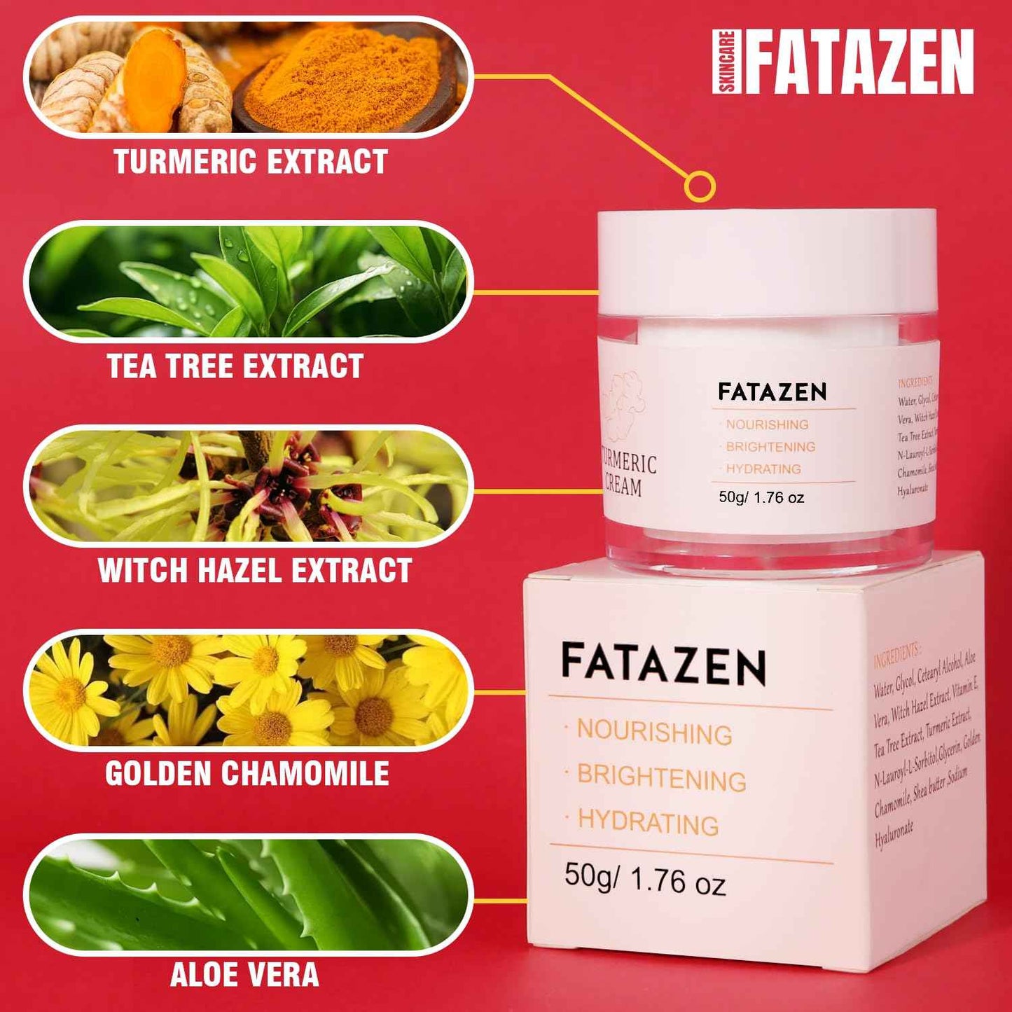 FATAZEN Turmeric Face Cream with Hyaluronic Acid & Aloe Vera for Acne-Prone Skin, Non-Comedogenic Daily Brightening Turmeric Moisturizer, Tea Tree Cream Calming Redness & Balancing Oily Sensitive Skin