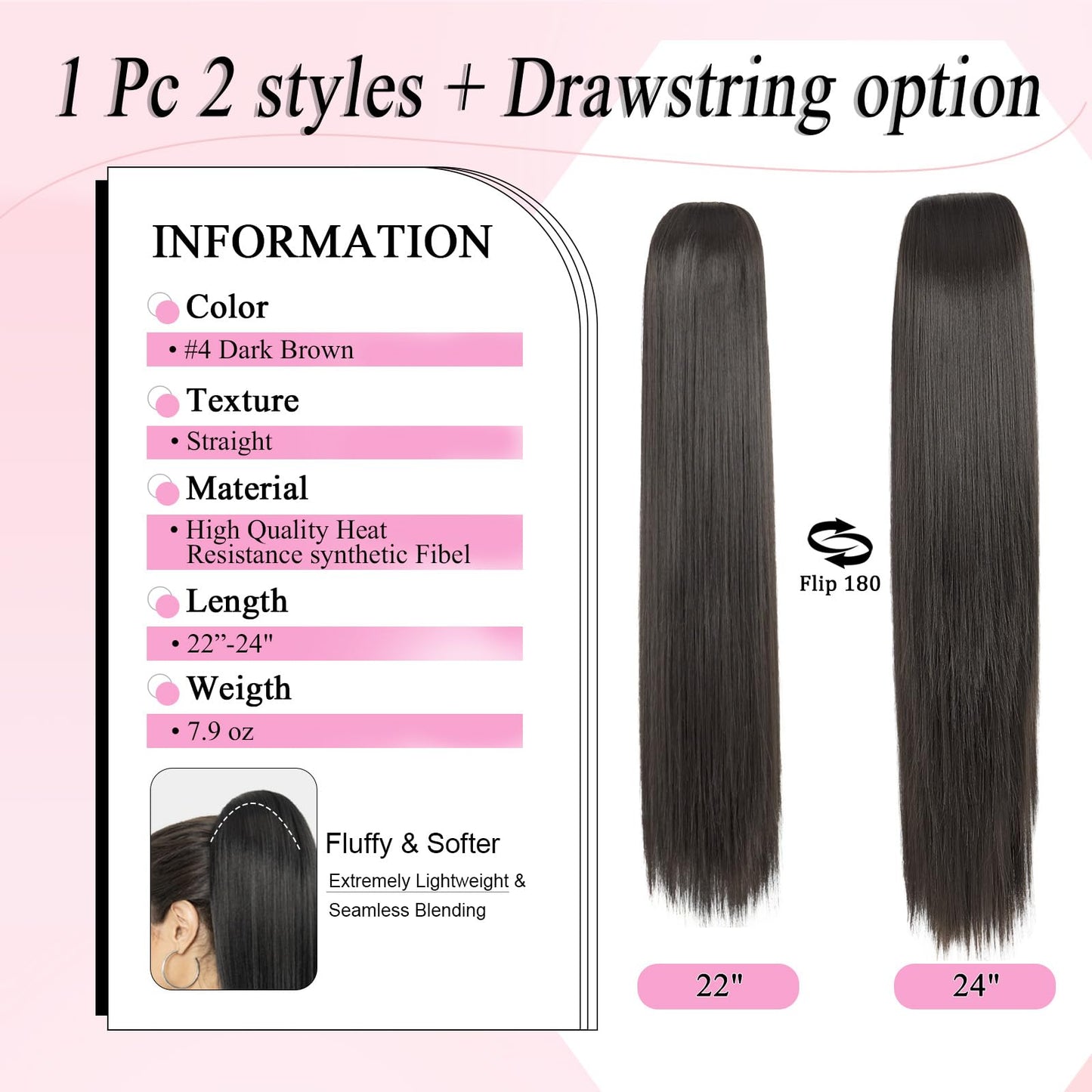 Luxehair Ponytail Extension, 24" Long Straight Claw Clip Ponytail Extension clip on ponytails hair clip Hair claw clip Fake Ponytail Hairpieces for Women - Dark Brown