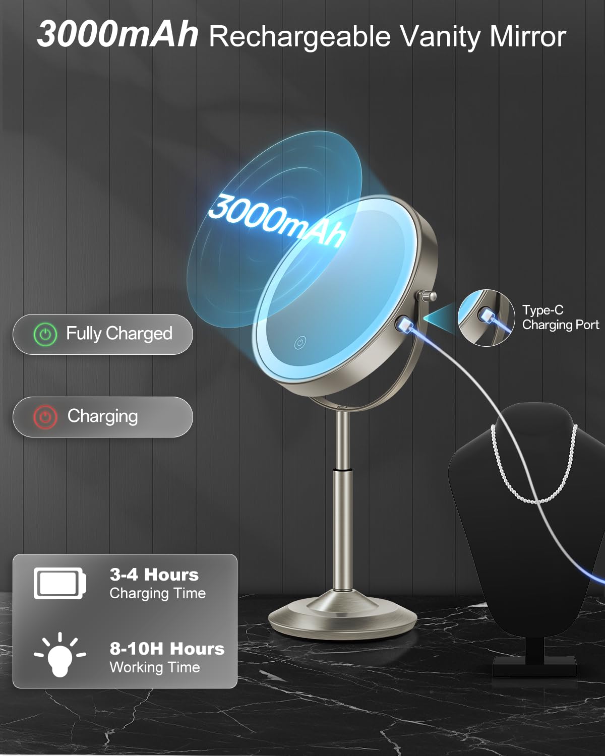 vpu Makeup Mirror with Lights, 1X/30X Lighted Magnifying Mirror Height Adjustable, 3000mAh Rechargeable Double Sided Vanity Mirrors with 3 LED Lighting and Adjustable Brightness for Desk Women Gift