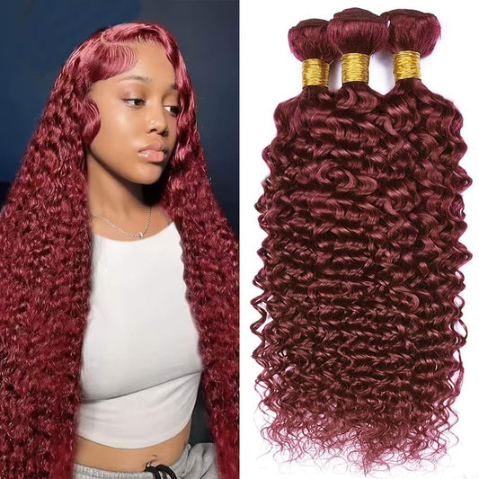 Dokksiiia Wine-Red Bundles Human Hair #99j Curly Weave Extensions 8/10/12 Inch Burgundy Color 99J Curly Wave Bundles Double Weft Brazilian Hair Extensions
