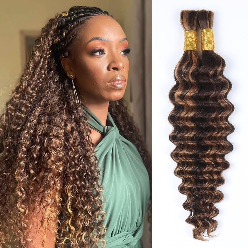Deep Curly Wave Bulk Human Hair - Brazilian Virgin Hair for Micro Braiding | 20-Inch, P4/30 Highlight