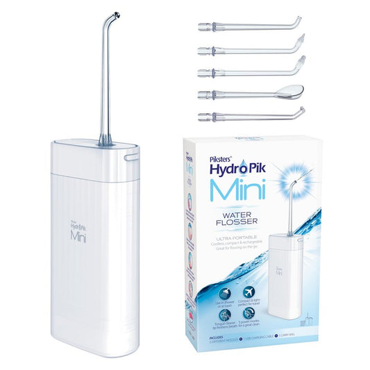 Piksters HydroPik Mini Water Flosser for Travel – Portable Cordless Oral Irrigator with USB-C Charging, 3 Pressure Modes & 5 Tips, Compact & Lightweight for On-The-Go Dental Care, White