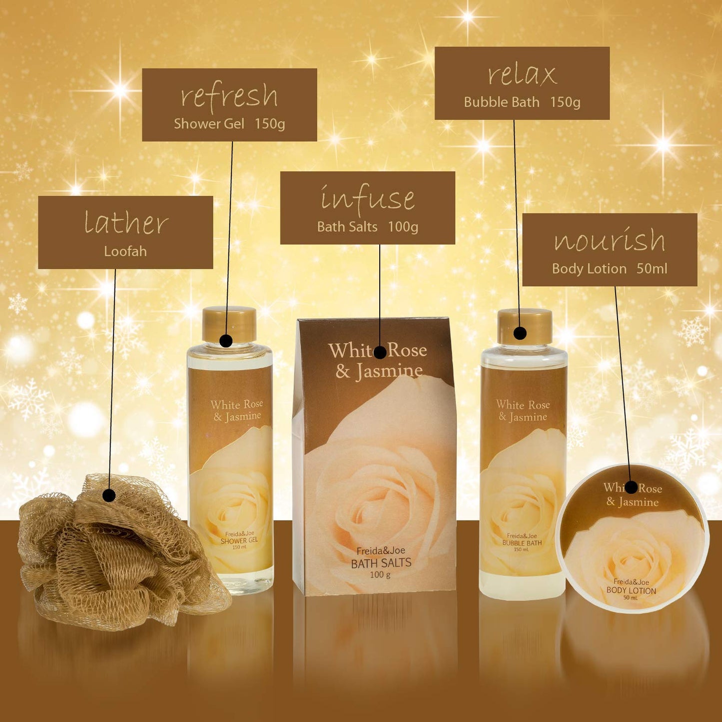 White Rose Jasmine Spa Set For Women in Elegant Gold Tub Includes Shower Gel, Bubble Bath, Body Lotion, Jasmine Bath Salt, Pouf, Award Winning Bath Body Set Gift – Mother's Day Gift for Mom