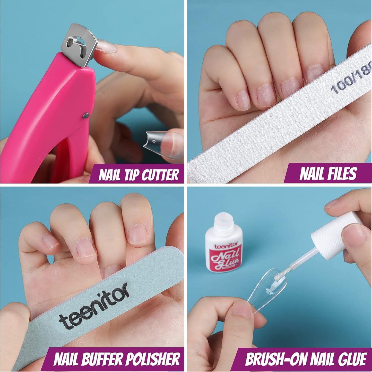 Acrylic Press-On Nail Kit - Clear Coffin Tips, Art Brushes, Glitter & Rhinestones | Complete Nail Supplies