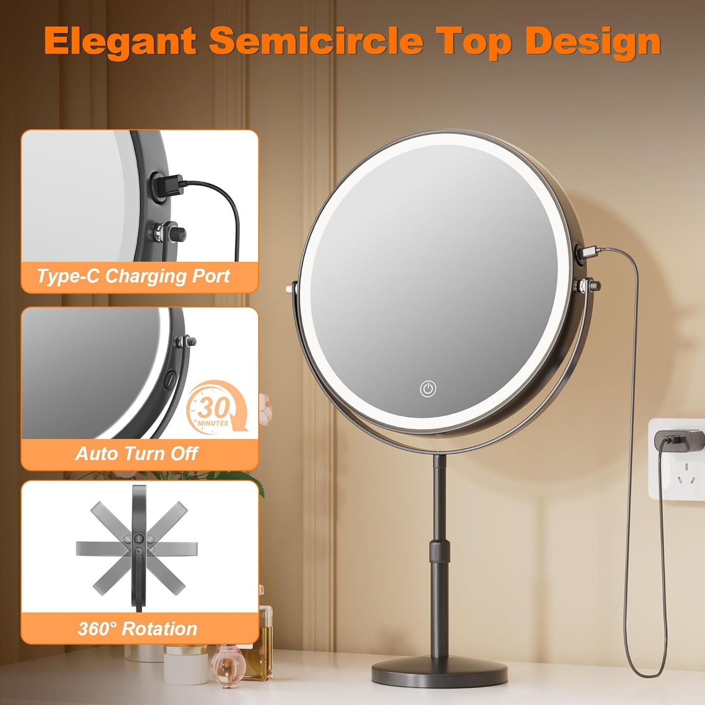 Lighted Makeup Mirror - 10-Inch Rechargeable Vanity Mirror with Magnification & Dimmable Brightness | 3 Lighting Modes, Adjustable Height, Black