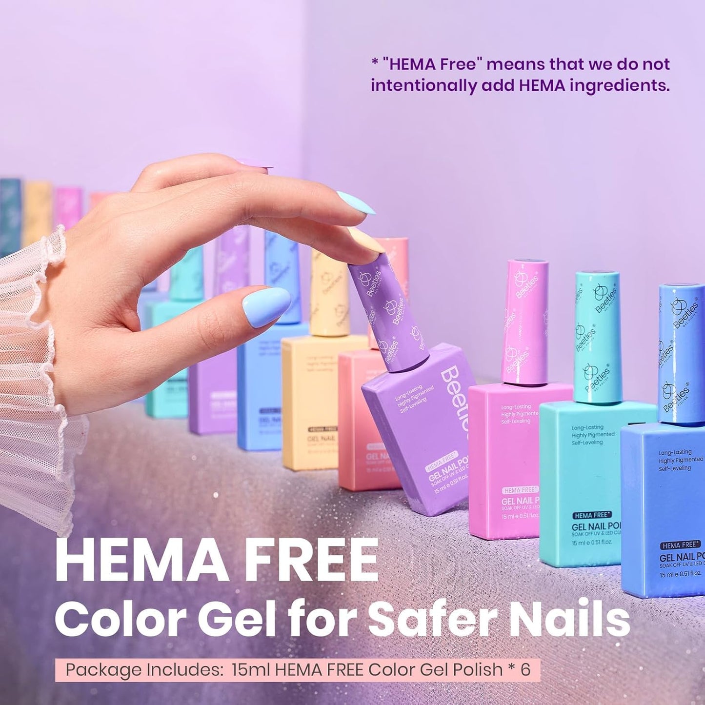 Beetles Pastel Gel Polish Set - Hema-Free Fairy Tale Dream Colors | 15ML Yellow, Pink, Blue, Purple