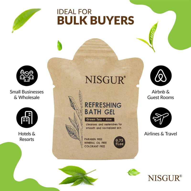 NISGUR Bulk Travel Size Body Wash 0.75 oz 100 Pack Non Plastic Hotel Bath Gel Kraft Paper Pouch Travel Shower Gel Aloe and Green Tea Extract Infused Hotel Supplies and Toiletries for Guest