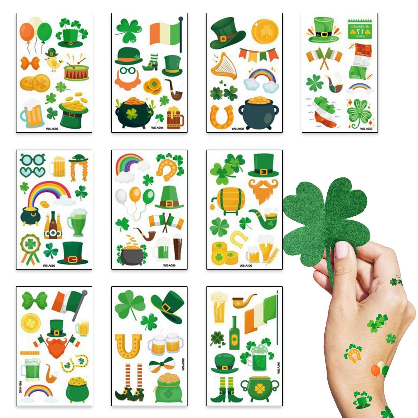 LANGFON 10 Sheets St. Patrick's Day Temporary Tattoos Irish Flag Shamrock Temporary Tattoo Sticker Waterproof Saint Patrick's Day Theme Fake Tattoo for St. Patrick's Day Parade Festival Party Supplies