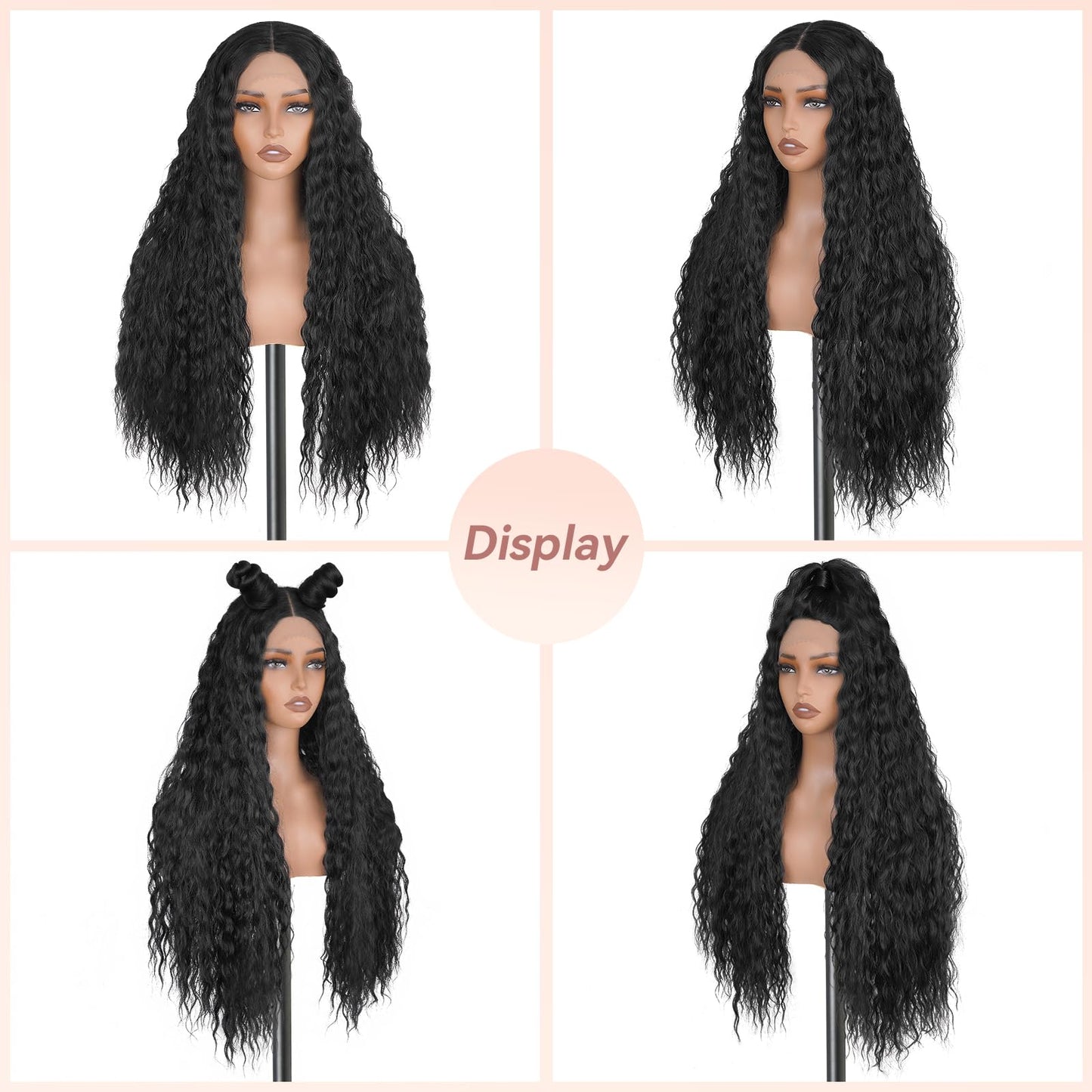 MS.FEEL Long Deep Curly Wig Synthetic Lace Front Wigs Glueless 13x5x1 HD Transparent Lace Wig Pre Plucked Natural Hairline Wavy Wigs for Black Women (#1B Natural Black, 28 Inch)