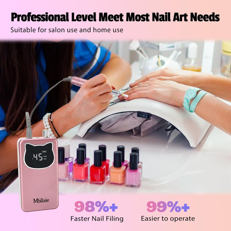 Professional Nail Drill - 45000RPM Electric Portable Efile Kit with 7 Bits | Cordless for Acrylic & Poly Gel Nails (Rose Pink)