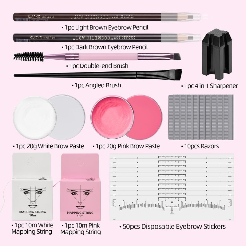 ATOMUS Brow Mapping Kit with 10m Pink & White Mapping String 20g White & Pink Brow Paste 50pcs Eyebrow Ruler Stickers 2 Brow Brushes 2pcs Eyebrow Pencil 1pc Sharpener 10pcs Blades