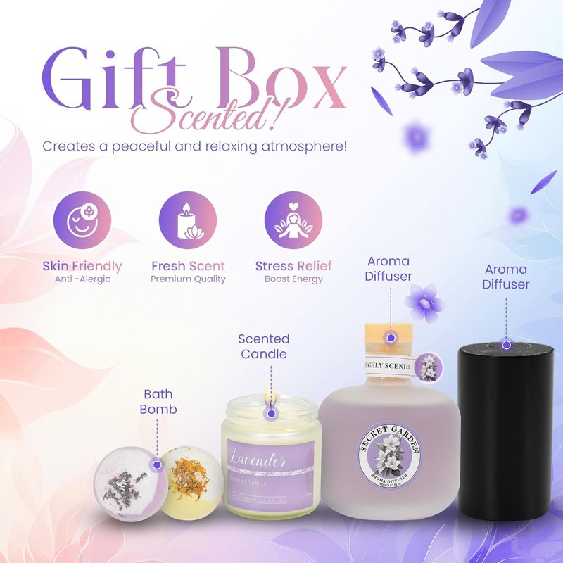 Luxury Spa Gift Basket for Women - Waterless Diffuser, Scented Candle, Bath Bombs | Perfect Birthday Gift for Mom, Wife, Girlfriend