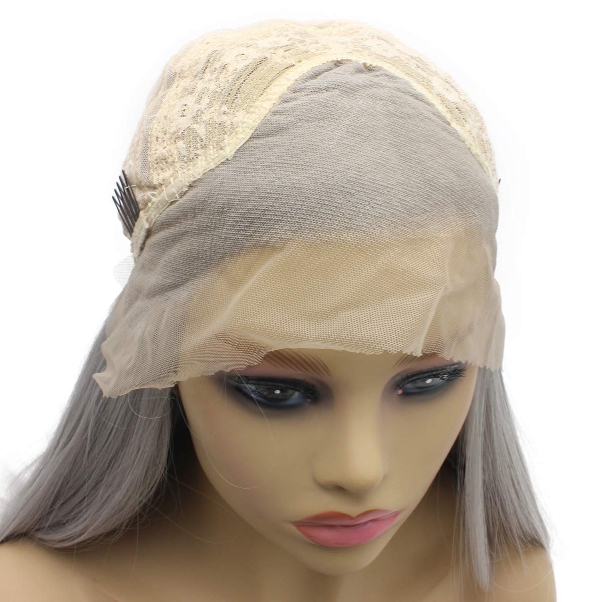 Iwona Gray Straight Wig Half Hand Tied Heat Resistant Fiber Hair Synthetic Lace Front Wig