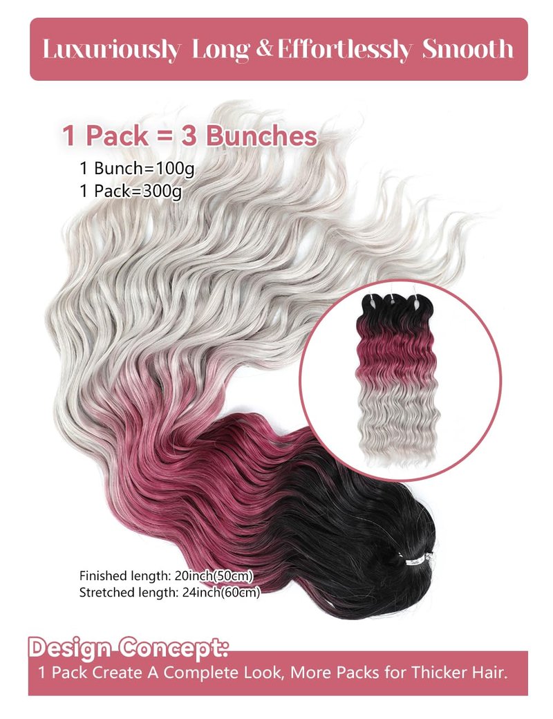 300g Curly Braiding Hair Off Black to Purple to Grey Ocean Wave Crochet Hair Long Synthetic Loose Deep Wavy Twist Hair for Boho Braids
