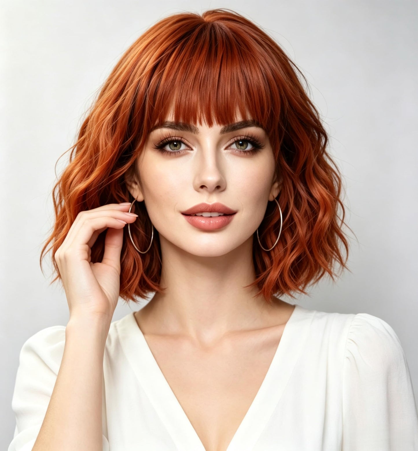 Gerulyss Short Ginger Bob Wig for Women Wavy Shoulder Length Auburn Wig with Bangs Copper Red Synthetic Costume Wig for Halloween,Cosplay,Daily Use