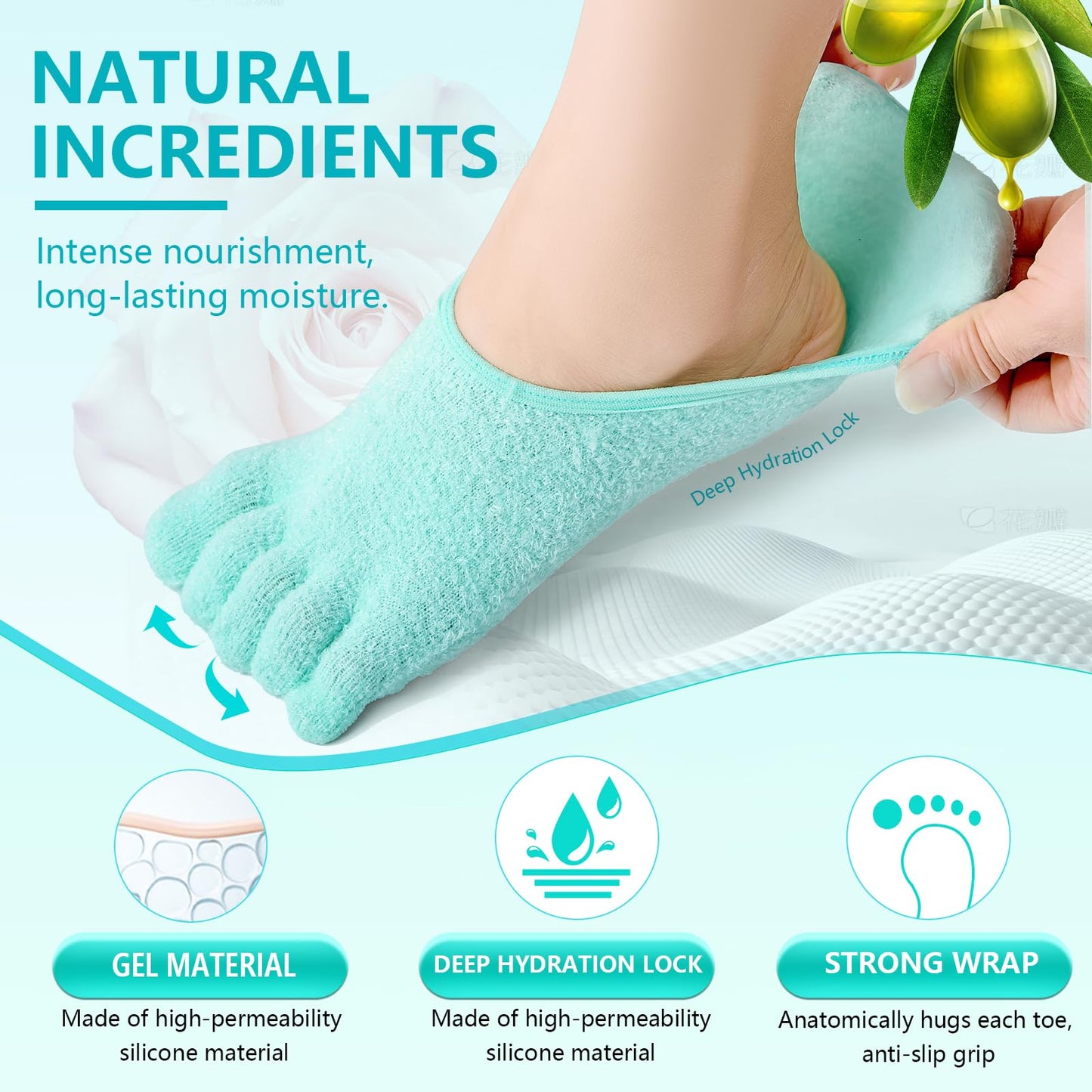 MoyRetty Moisturizing Silicone Gel Socks with 5-Toes, Dry Cracked Feet Treatment, gel socks for dry cracked feet women Lavender Oil Infused-Green
