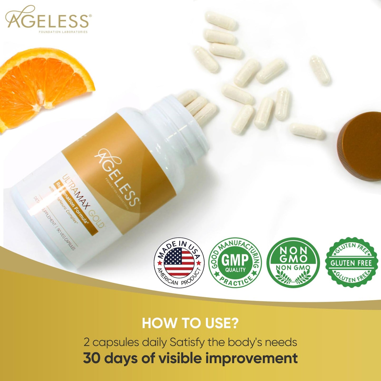 Ageless HGH Supplements for Women & Men, Ultra MAX Gold 90 Capsules