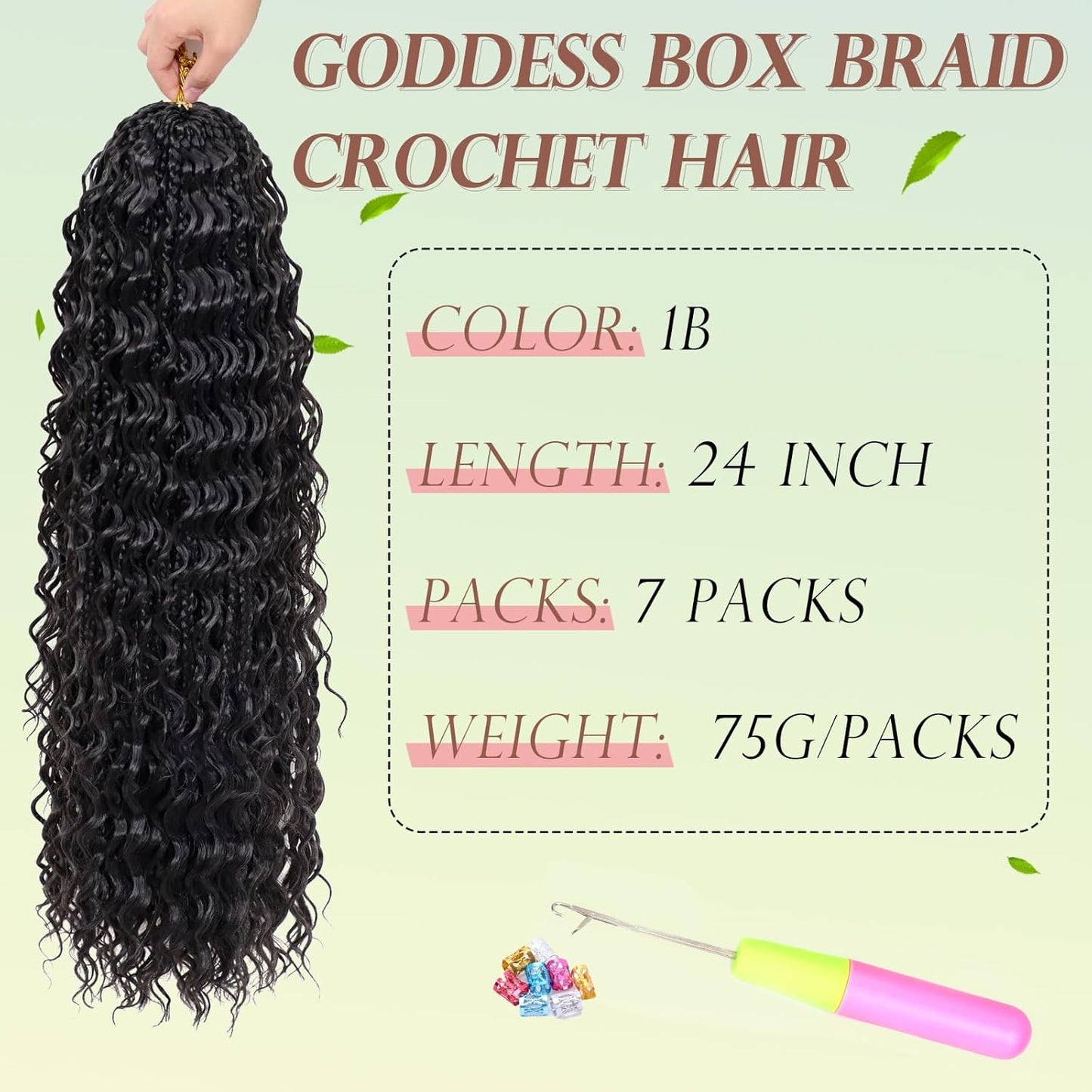 Goddess Box Braids Crochet Hair - 24 Inch Synthetic Braiding Hair with Curly Ends | 7 Packs, Pre-Looped (1B)