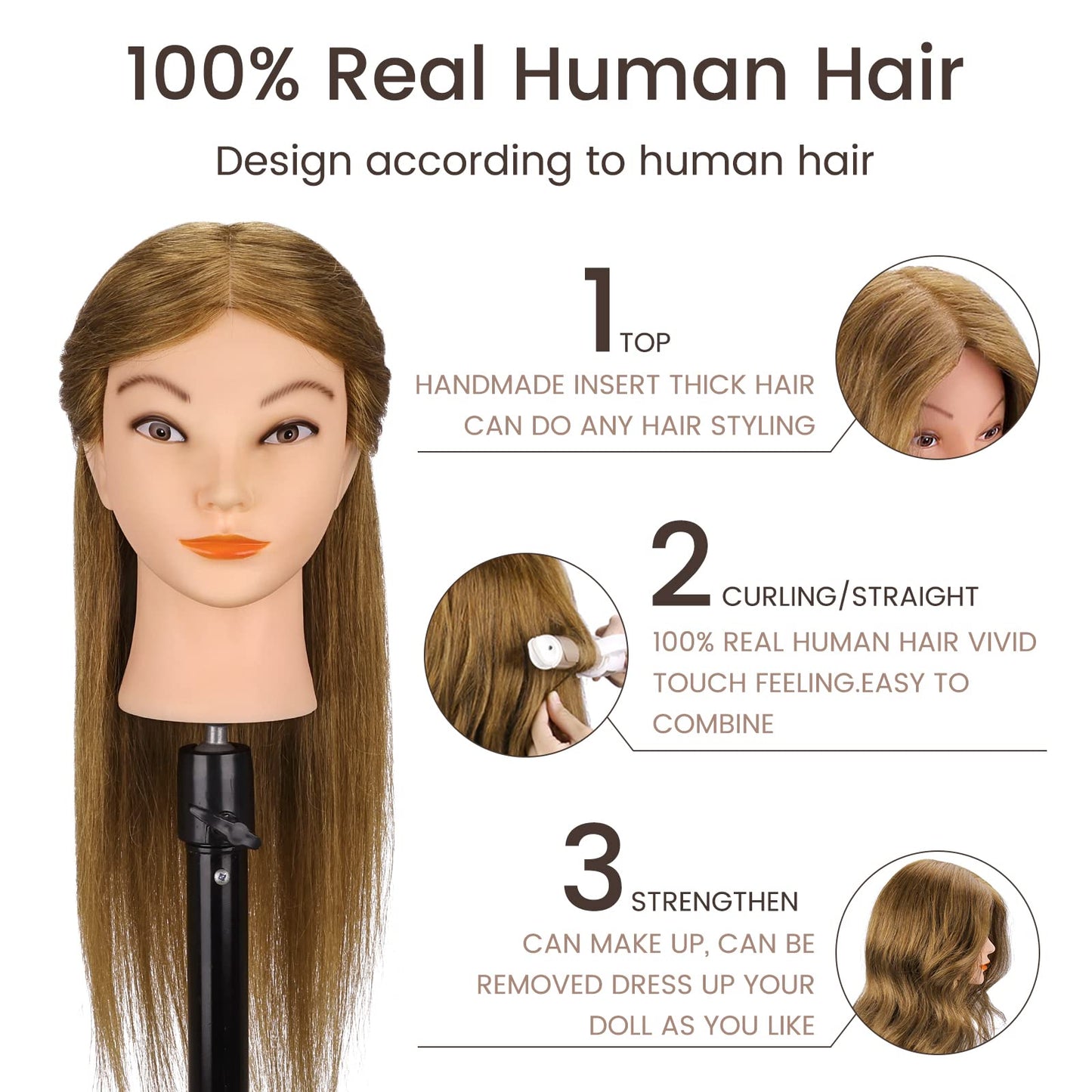 Mannequin Head with 100% Real Hair for Cosmetology, CENOZ 18" Light Brown Hairdresser Training Head with Clamp Holder and Tool, Doll Head Mannequin Head for Hair Styling Practice