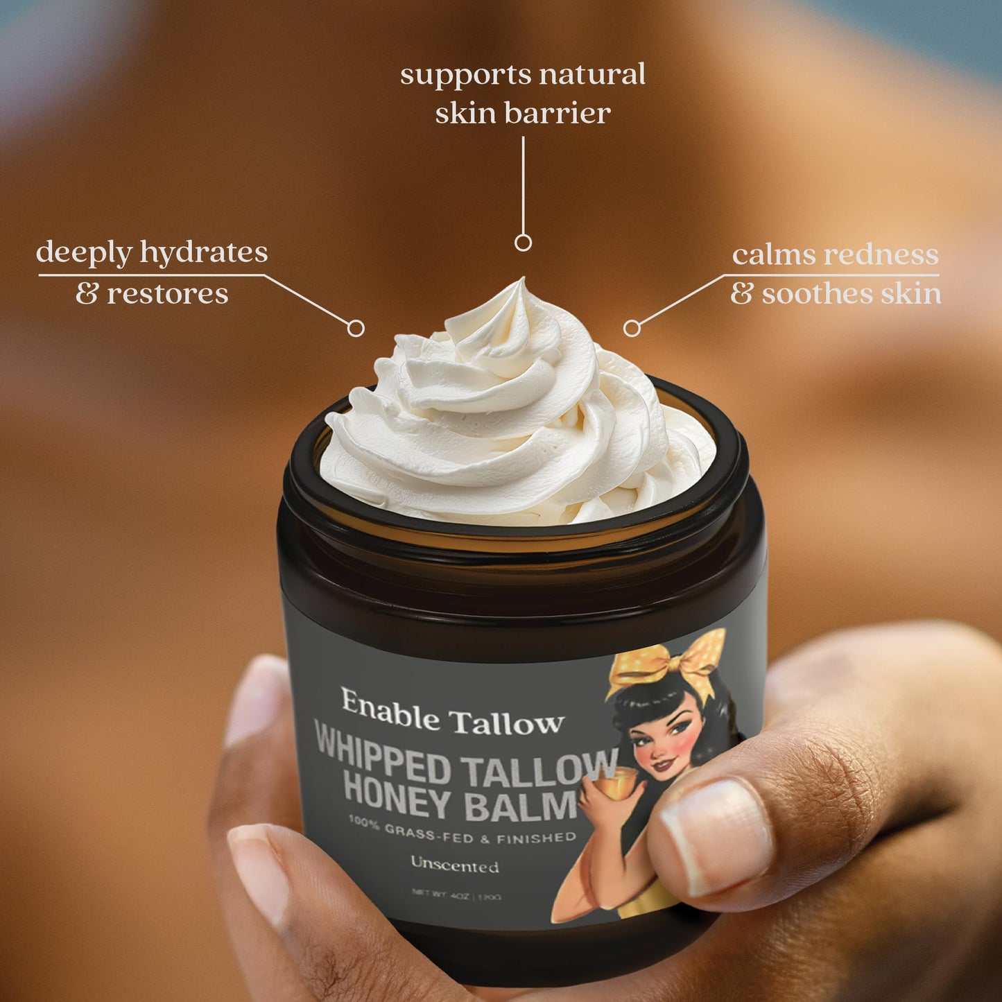 Enable Tallow Face & Body Cream – Whipped Beef Tallow & Manuka Honey Balm for Dry Skin, Eczema & Sensitive Skin – Natural Moisturizer, Unscented, Fragrance-Free, 4oz