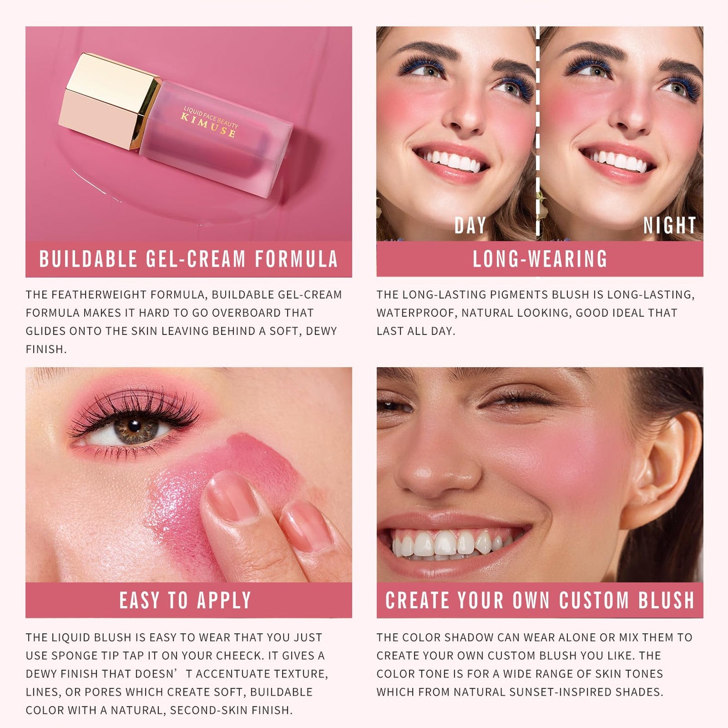 KIMUSE Liquid Blush - Soft Cream Blush for Cheeks, Long-Wearing, Waterproof & Smudge Proof, Dewy Finish
